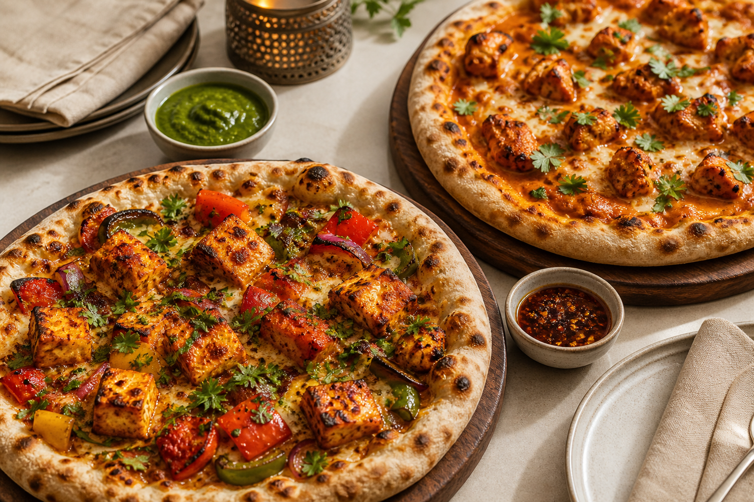 Paneer tikka and butter chicken pizzas with mint chutney and chili oil on a catering table